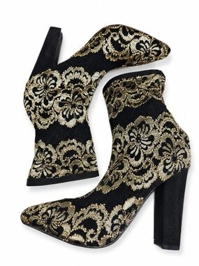 Bamboo Black And Gold Brocade Embroidered Block Heel Ankle Boots Size 10 EUC